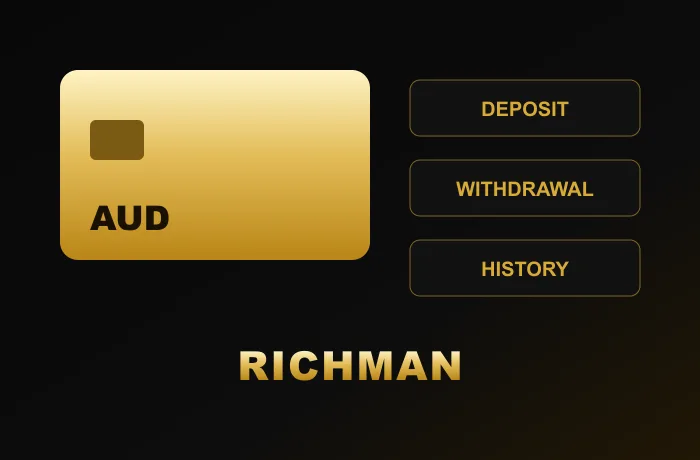 Gold AUD card next to deposit, withdrawal and history buttons at Richman Casino