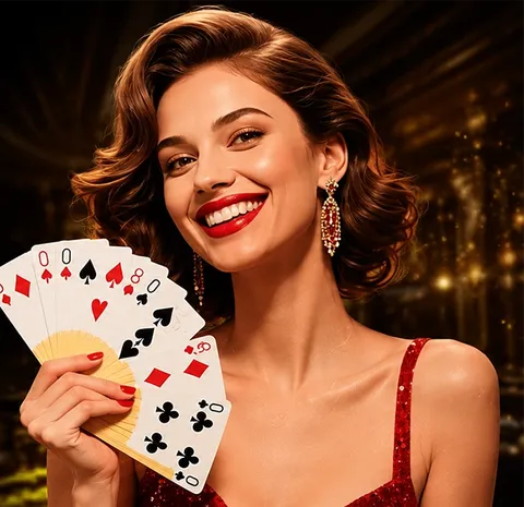 Hostess holding a fan of playing cards for bonuses at Richman